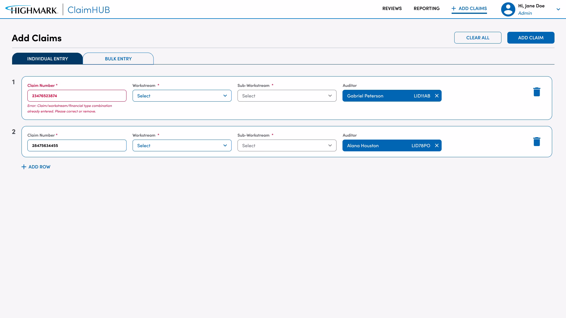 Claim HUB claim entry validation