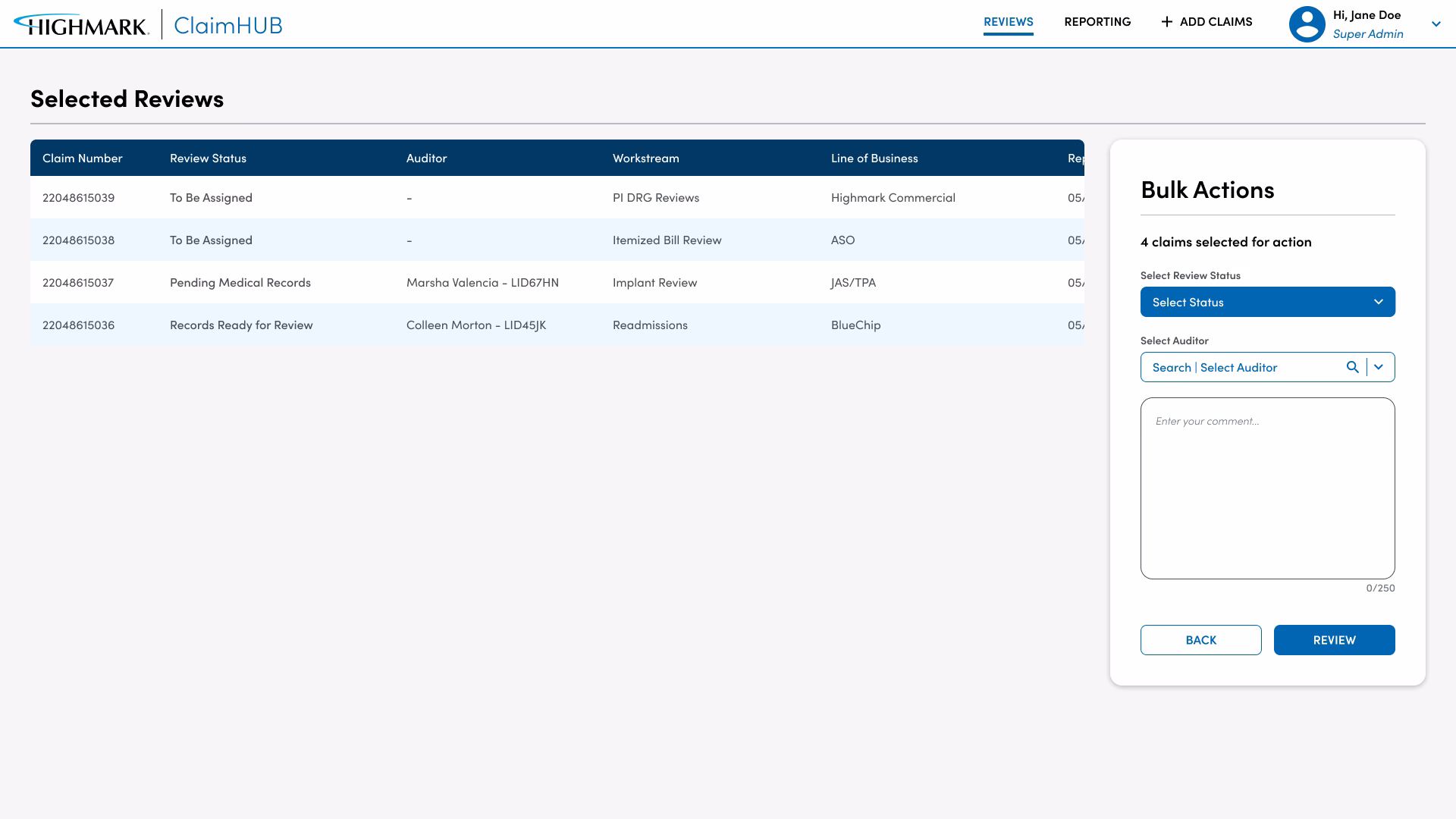 Claim HUB bulk action review changes