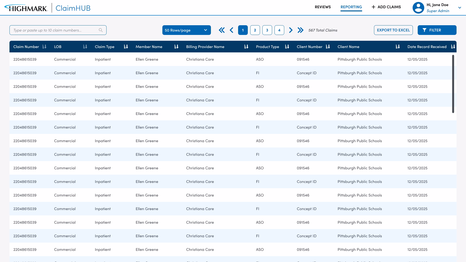 Claim HUB reporting table