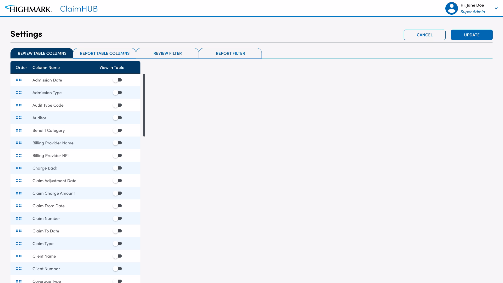 Claim HUB configurable review filters